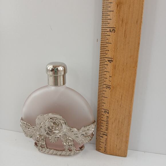 Vintage Silvestri Pink Frosted Glass & Pewter Rose Perfume Bottle 3.75" - Empty - Picture 9 of 10